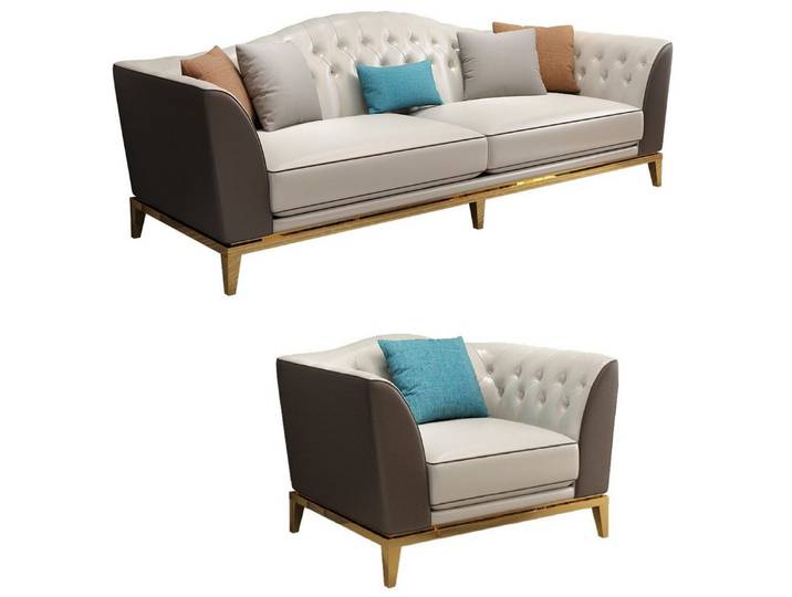 JVmoebel Chesterfield-Sofa Edelstahl-Ledercouch in Weiß mit stilvollen Sesseln, Set, Made in Europa