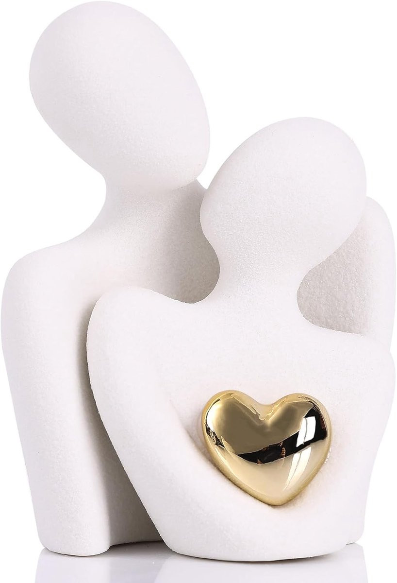 Wit Keramisch Romantisch Paartje Standbeeld met Gouden Hart, Abstracte Sculptuur, Hoogte: 8 cm