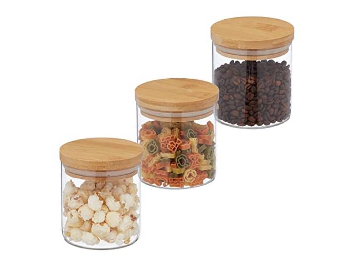 Relaxdays Lot de 3 bocaux\, verre\, petits pots avec couvercle en bambou\, 500 ml\, hermétique\, transparent/nature