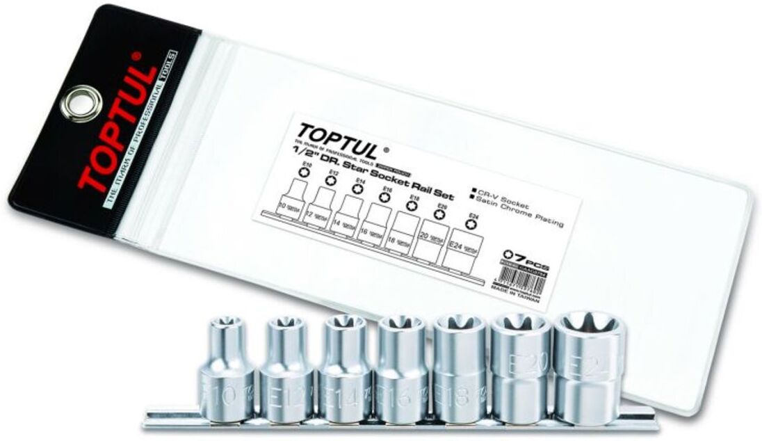 E-TORX-Stecknusssatz TOPTUL 1/2 zoll 7 Stück (E10, E12, E14, E16, E18, E20, E24)