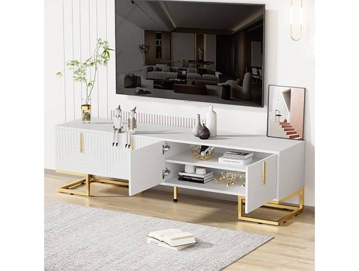 Meuble TV meuble bas avec porte structurée meuble TV poignées dorées et pieds dorés