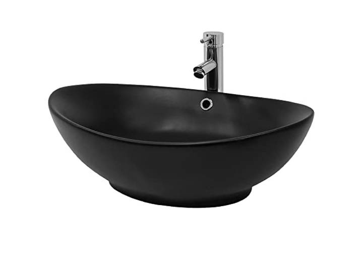 ML-Design Waschbecken aus Keramik in Schwarz Matt 59x38x19cm Ovale Aufsatzwaschbecken, Moderne Waschtisch, Waschschale mit Überlauf und Abflussloch, Waschplatz Handwaschbecken, für Badezimmer/Gäste-WC