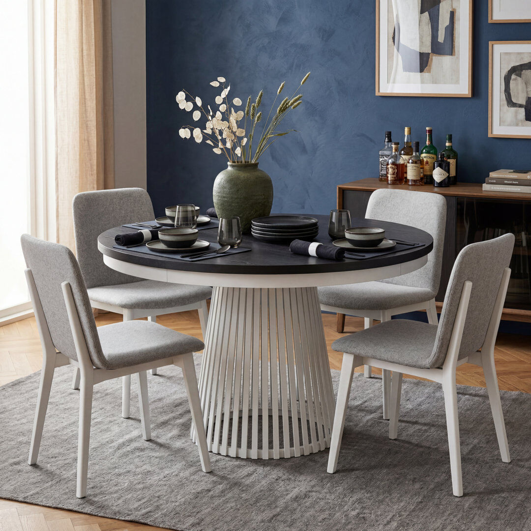 East Urban Home 180 cm Extendable Round and Oval Dining Table White/Black Painflow