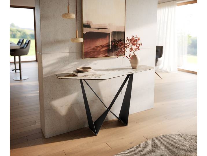 Konsolentisch Edge Polygonal 140x50 cm Keramik Minas Melange Weiß-Beige Spios Metall Schwarz, Konsolentische