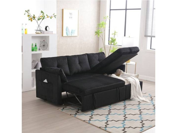 COVREO Canapé convertible 3 places modulable chaise longue réversible velours côtelé noir