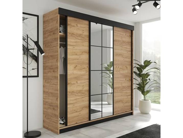 KIER FURNITURE Schiebeschrank LAMARO Craft-Eiche Gold 250x205x59 cm Geräumiger Schiebeschrank mit platzsparenden Türen und Stauraum für Kleidung, Wäsche und Accessoires