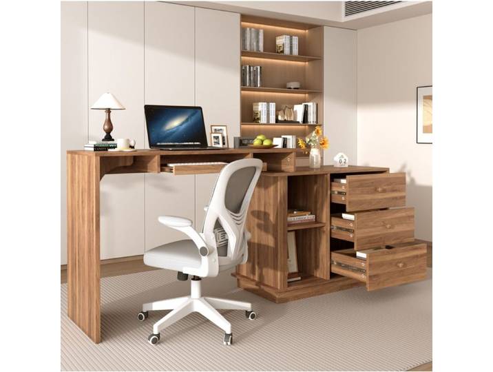 Bureau informatique extensible avec tiroir clavier 2 étagères ouvertes et 3 tiroirs pour bureau en MDF 110×40×75 5 cm