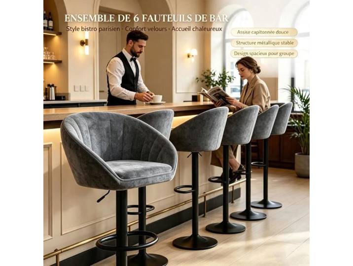 PIPIPOXER Lot 6 Tabourets de Bar Gris Réglables Pivotants Ensemble Professionnel pour Café Bistrot et Gîte Touristique