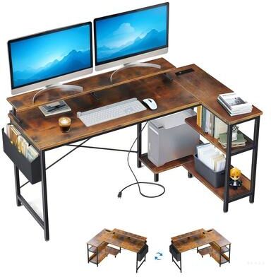 Aura 47'' Gaming Desk with Power Outlets, Reversible L Shaped Computer Desk with Monitor Stand / Storage Shelves, Corner Desk