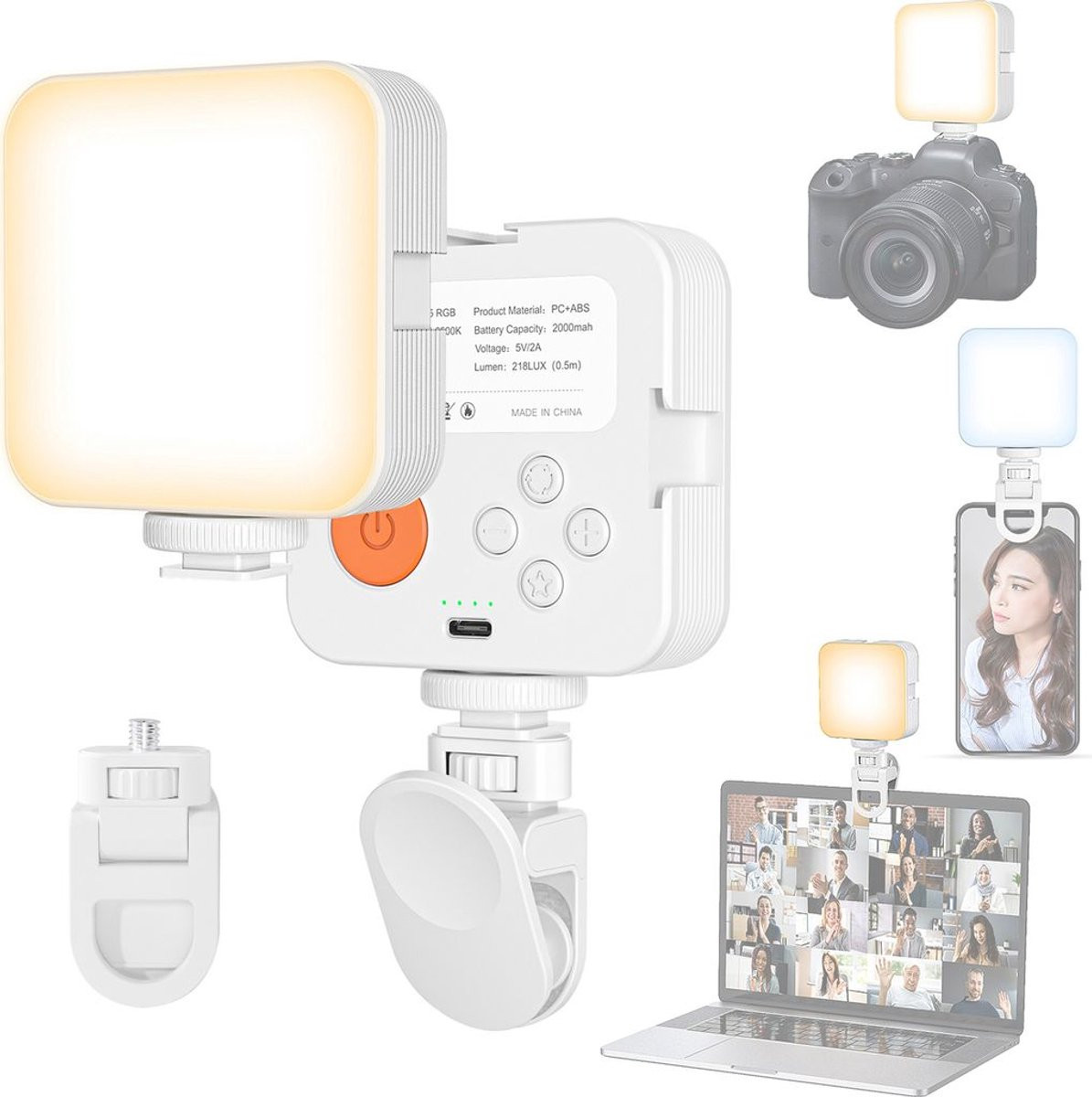 Compacte dimbare LED-videolamp met ingebouwde oplaadbare batterij en clip, 3000K-6500K, wit