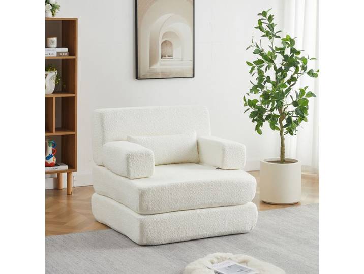 Modenuit Fauteuil convertible 1 place en chenille beige canapé-lit modulable pliant
