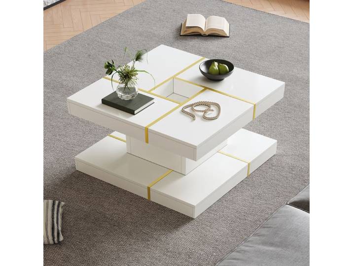 WUVRIE Table basse carrée double niveau panneau de particules blanc détails métalliques dorés