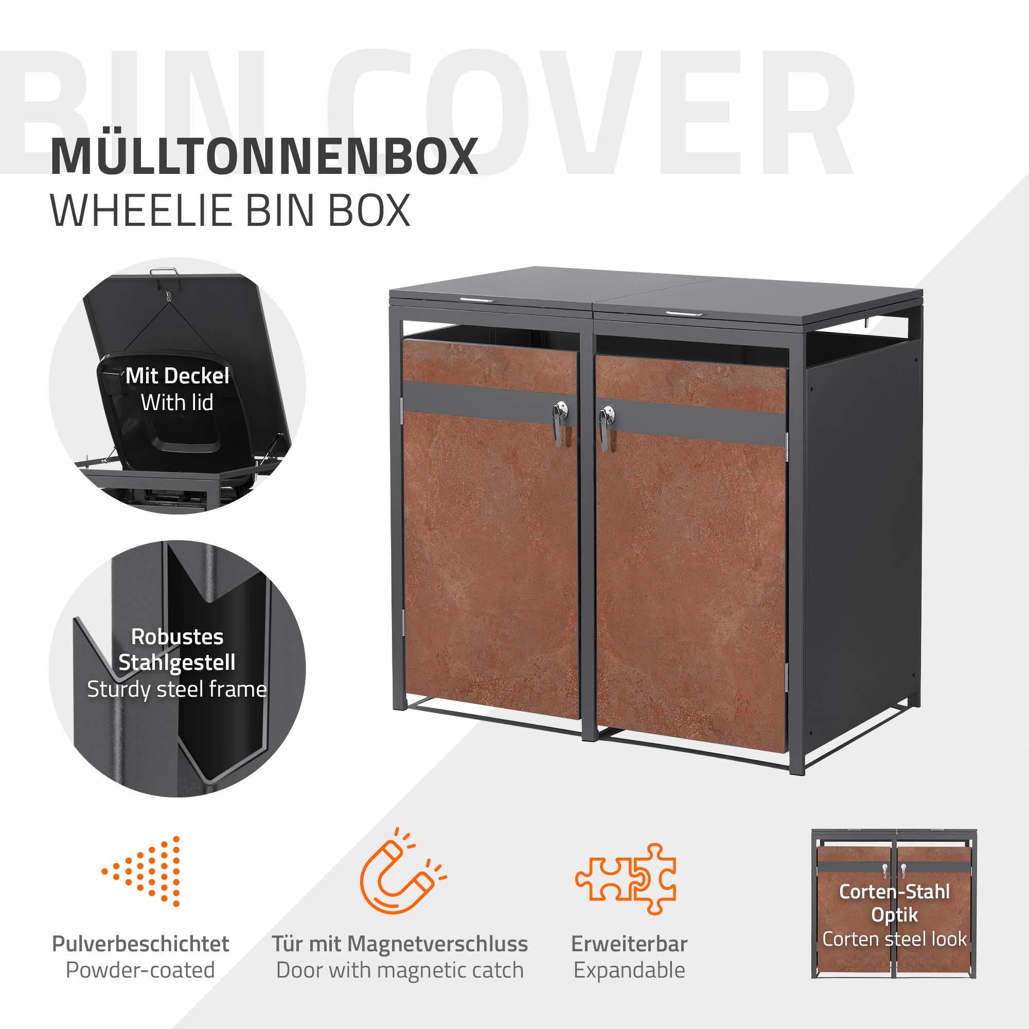ML-Design Mülltonnenbox 2er Mülltonnen, 240L, 132x80x120 cm, Anthrazit-Rostoptik, Stahl, Wetterfest, Abschließbare Mülltonnenverkleidung Müllbox