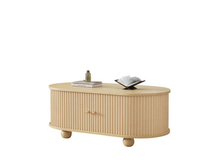 Evryae Couchtisch mit Stauraum und Schiebetüren ovales Design Holzoptik platzsparendes Multifunktionsmöbel, Naturfarben, Oval,Oval, kugelförmig, 50x40x100 cm, Wohnzimmer, Wohnzimmertische, Couchtische