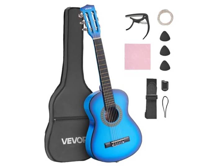 VEVOR Guitare Classique Débutants\, 78 cm\, avec Cordes en Nylon\, Housse de Transport\, Sangle\, Accordeur\, Cordes Supplémentaires\, Médiators\, Capodastre\, en Tilleul\, pour Jeunes Enfants Musiciens\, Bleu