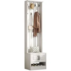 Schuhbank Weiß 50x36x190, 2 Türen, 8 Haken, Flurmöbel mit Kippsicherung, Stauraum für Schuhe und Accessoires