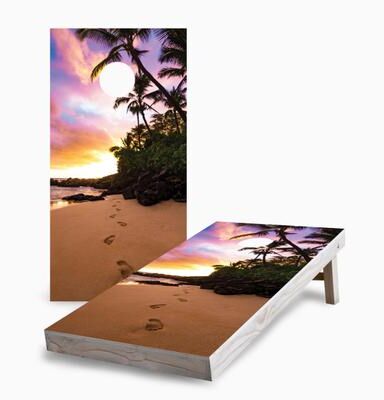 Skip's Garage Sunset Footprints on the Beach Corn Hole Board Set with Carry Case