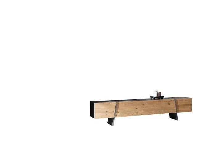 Voglauer Lowboard, Graphitfarben, Wildeiche, Metall, Wildeiche, furniert, mehrschichtige Massivholzplatte (Tischlerplatte), 224x50x45.7 cm, Goldenes M, Made in Austria, Beimöbel erhältlich, Wohnzimmer, Wohnwand, Wohnwand- Serien