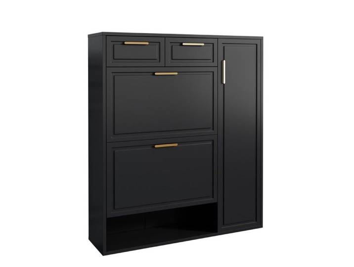 Meuble À Chaussures Meuble chaussures moderne 5 portes 3 tiroirs noir poignées dorées étagères réglables pliable 95x24x107cm