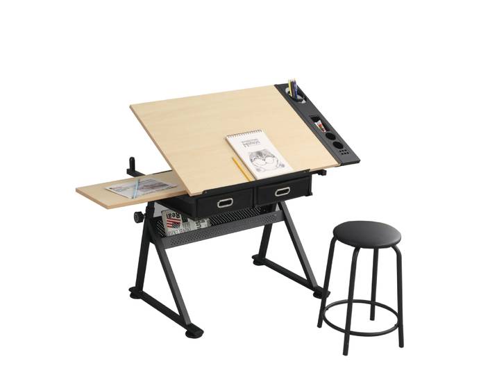 Table à dessin effet bois avec plateau inclinable avec tiroirs