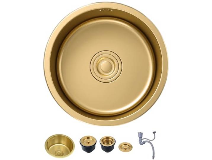 KOOGIMDDR 40x40cm Rundspüle Edelstahlspüle Gold-Vorbereitungsspüle Durchmesser 400mm, Einbauspüle Aufbauspüle Spülbecken Spüle Küchenspüle Mit Gold Drainer