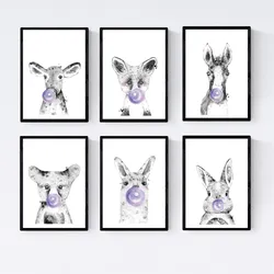 POSTER Set Mit 6 Tiere Babys Mit Kaugummi Kaninchenkuh Fuchs Pferd Bär Flamme