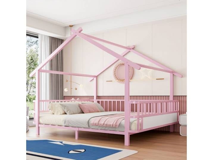 Lit Cabane - WESTYLE - Maison 140x200 - Métal - Rose - Barrières de sécurité