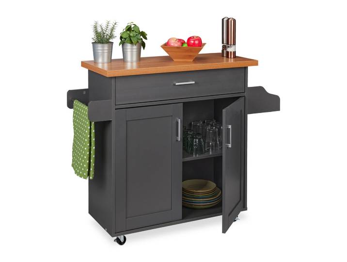 Relaxdays Küchenwagen Grau Natur mit Arbeitsplatte auf Rollen, Anthrazit, Metall, 114x90x39.5 cm, Esszimmer, Servierwagen