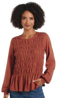 Masseys Shirred Long Sleeve Top (Women's) Casual in Washed Paprika, Size 4X, Cotton