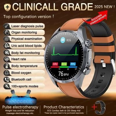 Inspired Finds Advanced ECG PPG Smart Health Watch Blood Pressure Uric Acid Fitness Tracker brown Leather