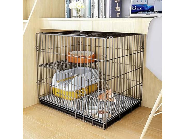 TXGJWRA Katzenhaus Katzenkäfig Katzenkäfig Haustierkäfig Hund Katze Welpentraining Faltbare Metallhütte mit Tablett, einfach zu bedienen für Katzen und Kleintiere, schwarz, 83 x 59 x 69 cm