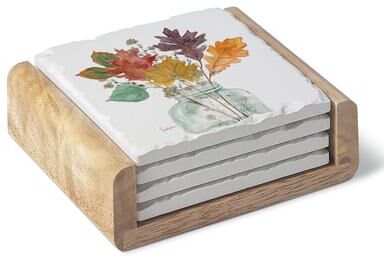 Counterart Square Absorbent Coasters - Set of 4 With Holder - Harvest Leaves - 4.001x4.001x2.081