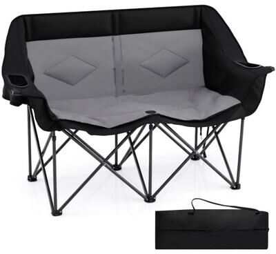 Costway Double Camping Chair with Cup Holders Glass Racks and Mesh Pockets-DarkGray