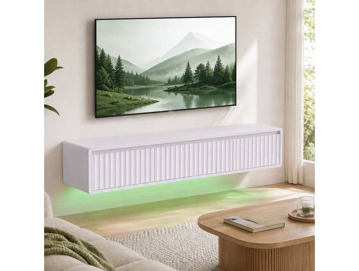 HOMCOM Meuble TV Flottant 120cm LED Prises Blanc 65 Pouces