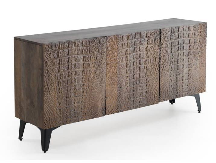 Buffet 3 portes en bois de manguier imitation cuir caïman bronze