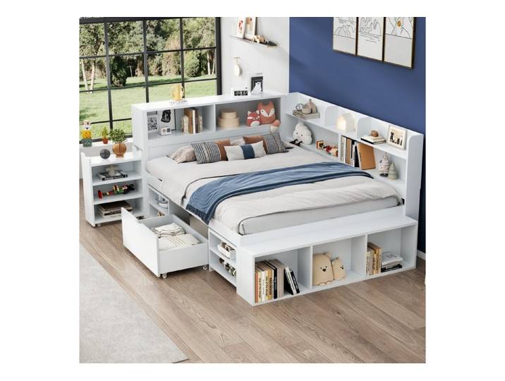 i@home Stauraumbett Stauraumbett 90/140x200 cm mit Regal & Schubladen, Multifunktion weiß (4-tlg), Multifunktionales Bett mit Regal und Stauraum