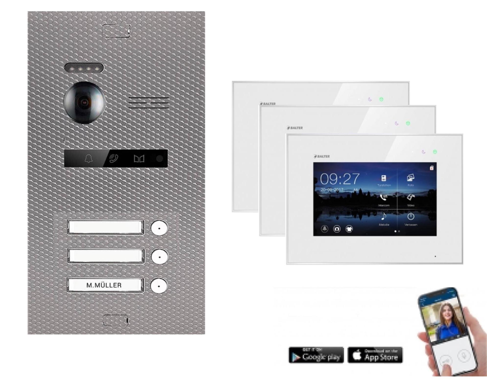 WLAN Videotürsprechanlage BALTER EVO 2-Draht BUS für 3-Familienhaus Weiß-Karbon-Silver