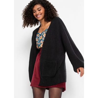Strickjacke BONPRIX "Oversize-Strickjacke", Damen, Gr. 36/38 (S), schwarz, Obermaterial: 75% Polyacryl, 22% Polyester, 3% Elasthan, oversize, Strickjacken Strickjacke, Oversize-Passform, mit aufgesetzten Taschen
