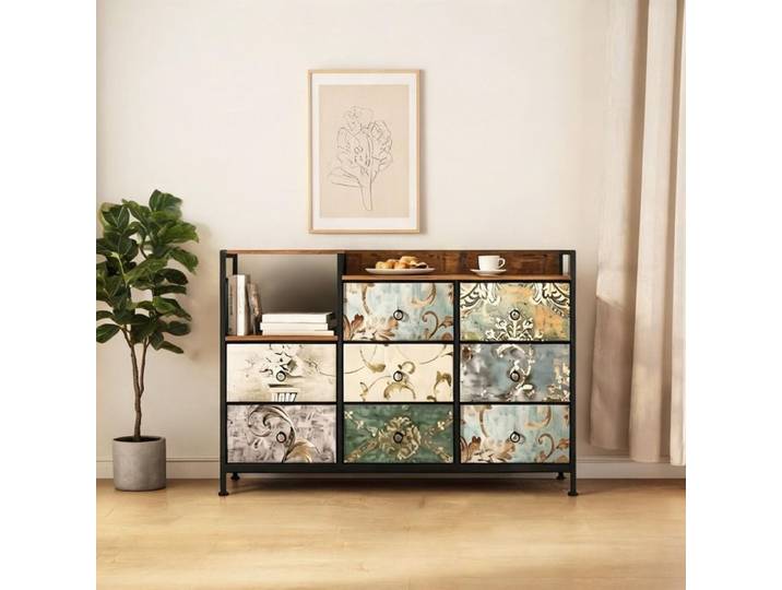 Meuble de rangement vintage multicolore avec prises intégrées 8 tiroirs en tissu pour salon ou entrée