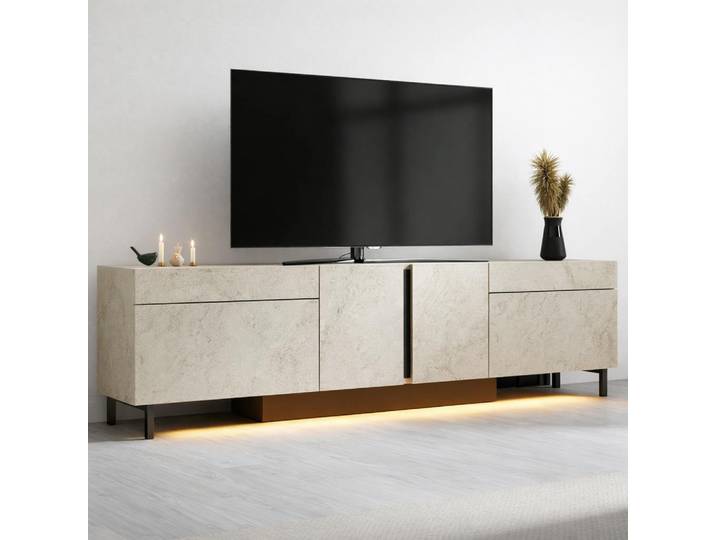 Meuble TV 180 cm, LED intégrées AURA - Travertin