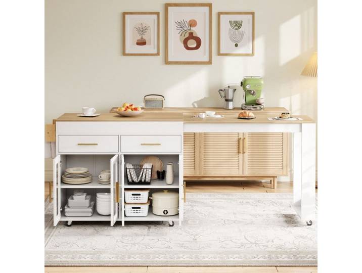 NuvlaGu - Îlot de cuisine avec table bar extensible et rangements - design mobile sur roulettes pour cuisine - Blanc