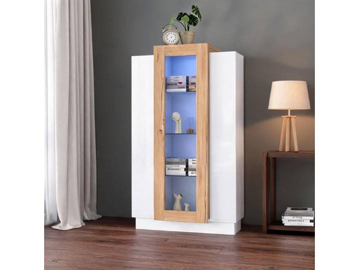 Vitrine haute 74x40x120 cm Blanc et Bois Naturel - Portes transparentes et LED intelligente