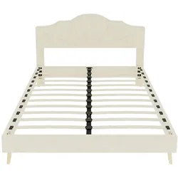 MODFU Polsterbett Stoff/Metall Beige 160x200 cm mit Matratze, geometrischem Kopfteil