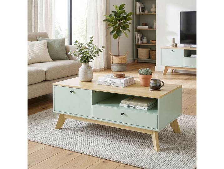 HOMCOM Table Basse Rectangulaire Vert Clair avec Tiroir et Porte