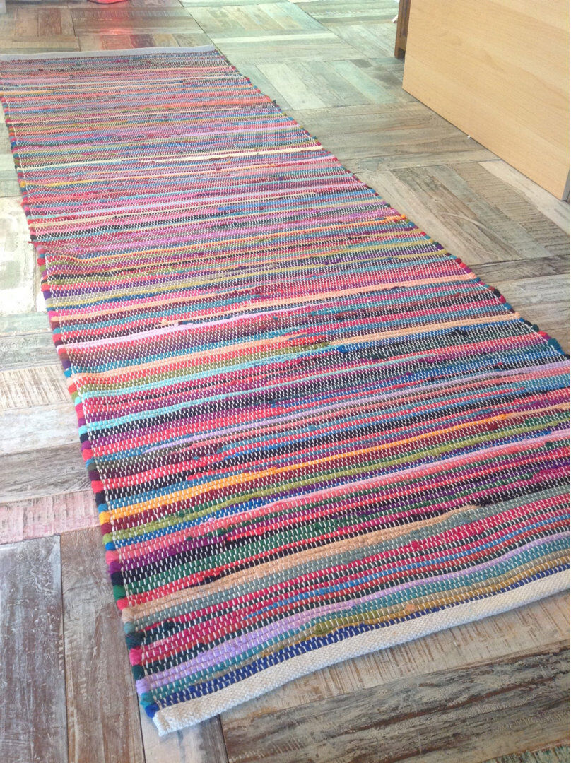 Latitude Vive Seth Rainbow Striped Recycled Cotton Handwoven Flatweave Rug Multicolour Runner 60 x 300cm
