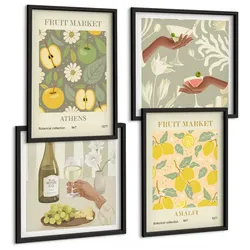 BILDER SET 4er Set - 50x50 cm & 40x60 cm Schwarzer Rahmen - Fruchtige Muster italienischer Wein