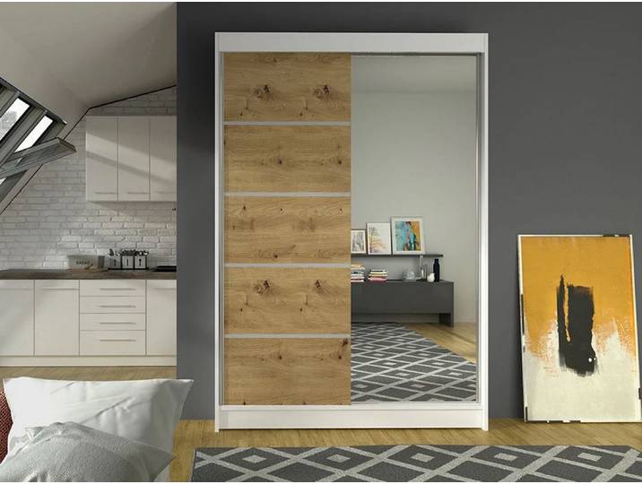 MIRJAN24 Schiebetürenschrank Lino III, mit Spiegel, Kleiderschrank vom Hersteller (Weiß / Artisan Eiche, ohne Beleuchtung)