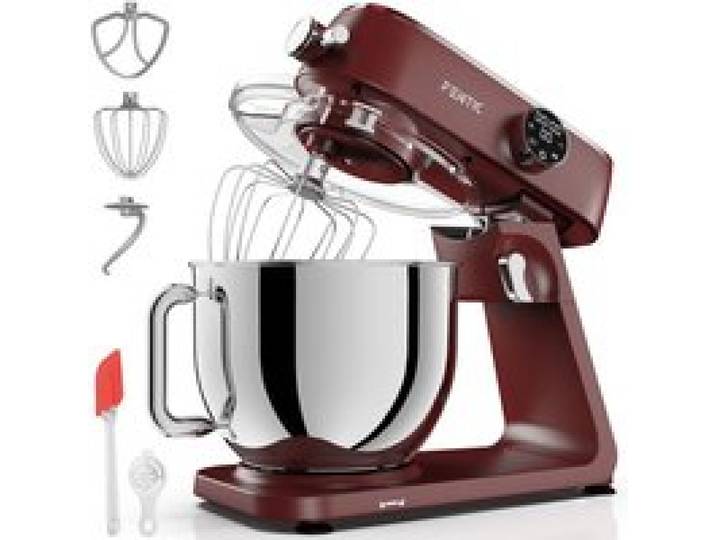 Fentic Robot Pâtissier 1800W – Bol Inox 7L – 10 Vitesses + Timer – Boîtier Alu – Crochet Fouet Palette – Rouge