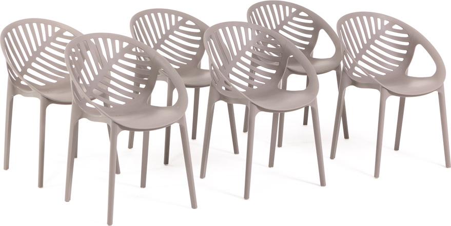6er-Set stapelbare Stühle aus glasfaserverstärktem Harz für Außenbereich, Garten, Bars und Restaurants - modernes, von Blättern inspiriertes Design - VIVIAN - Taubengrau