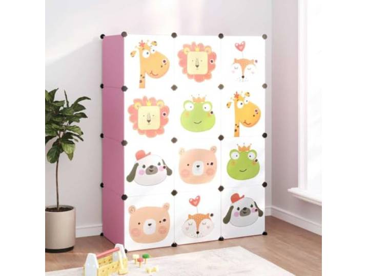schrank Modular mit 12 Würfeln Rosa PP Cartoon-Muster,Stahlrahmen,PP-Kunststoffplatten,10 kg pro Würfel,platzsparend stapelbar